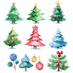 Watercolor illustration of various Christmas trees with ornaments and stars. Perfect for festive and colorful holiday designs.