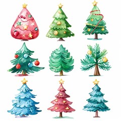 Watercolor illustration of various Christmas trees with ornaments and stars. Perfect for festive and colorful holiday designs.