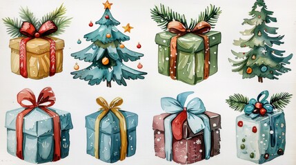 Watercolor illustration of various Christmas trees and gifts, decorated with bows and ornaments. Perfect for festive and colorful holiday designs. set isolated on white background