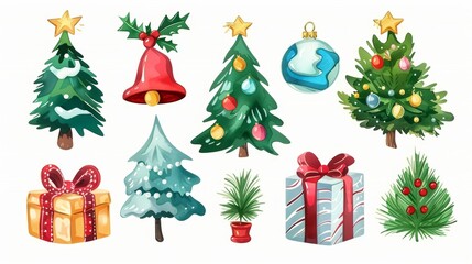 Watercolor illustration of various Christmas trees and gifts, decorated with bows and ornaments. Perfect for festive and colorful holiday designs. set isolated on white background