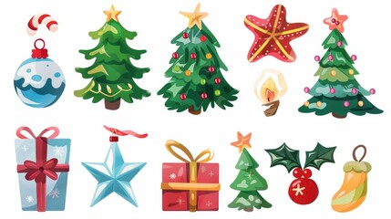 Fototapeta premium Watercolor illustration of various Christmas trees and gifts, decorated with bows and ornaments. Perfect for festive and colorful holiday designs. set isolated on white background
