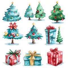 Watercolor illustration of various Christmas trees and gifts, decorated with bows and ornaments. Perfect for festive and colorful holiday designs. set isolated on white background