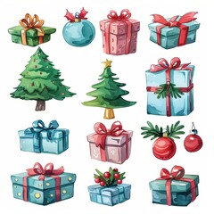 Watercolor illustration of various Christmas trees and gifts, decorated with bows and ornaments. Perfect for festive and colorful holiday designs. set isolated on white background