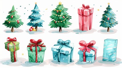 Watercolor illustration of various Christmas trees and gifts, decorated with bows and ornaments. Perfect for festive and colorful holiday designs. set isolated on white background