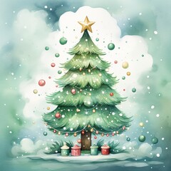 Watercolor hand drawn green Christmas tree