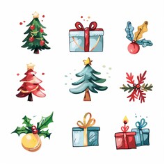 Watercolor illustration of various Christmas trees and gifts, decorated with bows and ornaments. Perfect for festive and colorful holiday designs. set isolated on white background
