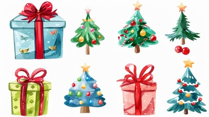 Watercolor illustration of various Christmas trees and gifts, decorated with bows and ornaments. Perfect for festive and colorful holiday designs. set isolated on white background