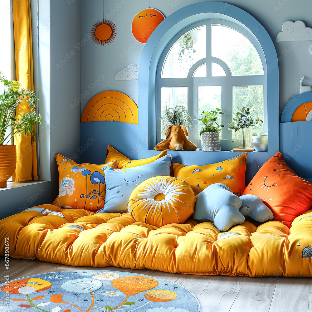 Poster a bedroom with a bed that has a colorful pattern of clouds and animals on it.