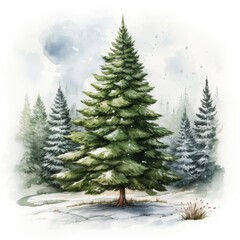 Obraz premium Watercolor hand drawn green Christmas tree