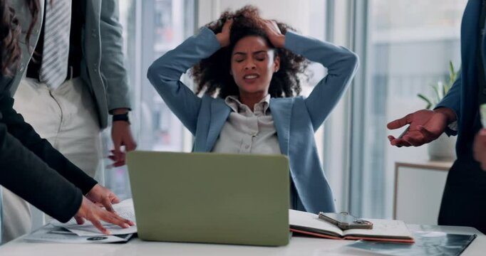 Career woman, multitasking and laptop for time management, mental health and frustrated at desk. Female person, overwhelmed and stress with burnout, office and tech for workflow in finance agency