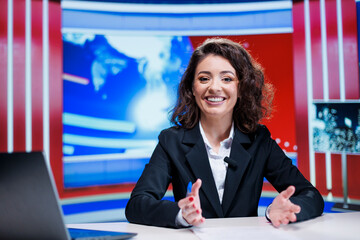 Presenter going on live transmission in news studio, preparing to cover all important breaking news topics regarding daily events. Woman newscaster hosting media segment on tv channel.