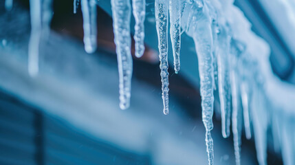 Icicles hang from the edge of a structure, glistening in the cold. The background is blurred, emphasizing the sharpness and detail of the ice formations.