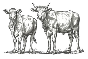 A black and white line drawing depicting two cows standing on a bed of grass. Generative AI