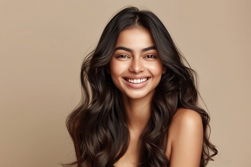 Beautiful Brunette Woman Smiling Portrait with Long Curly Hair