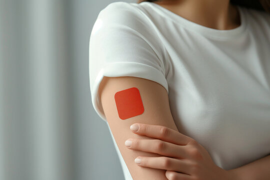 Close up of a woman's hand holding a red torso skin patch on a white sleeve of an arm