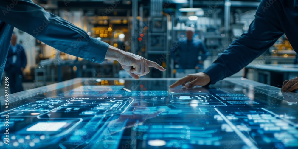 Poster two engineers using a futuristic digital interface in a hightech lab, discussing innovative technolo