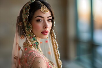 Beautiful Indian Bride in Traditional Wedding Jewelry and Sari