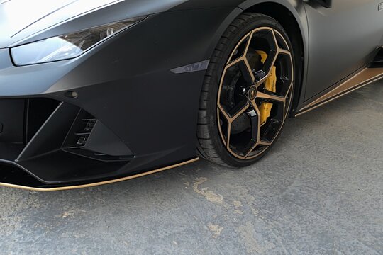 Left front view of modern italian supersport car Lamborghini Huracan, displayed on car and tuning expo in Nitra, Slovakia, june 2024. 