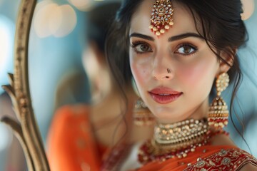 Beautiful Woman in Elegant Fashion with Gold Jewelry and Diamond Earrings Portrait.