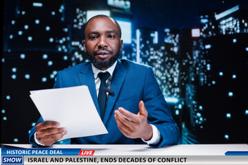 Presenting news about peace treaty signed by countries at war, israel and palestine ending decades...