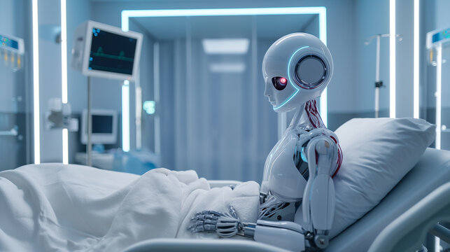 A robot is laying in a hospital bed next to a patient