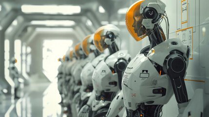 Fototapeta premium Robots are lined up in a corridor, showcasing engineering and machinery features such as helmets, vehicles, astronaut gear. This highlights innovation and technology in their design