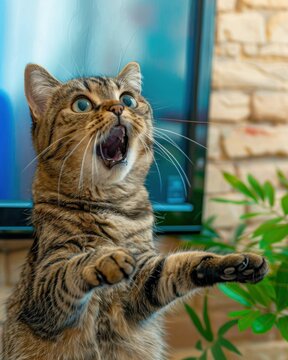 Cat is very surprised and scared. AI.