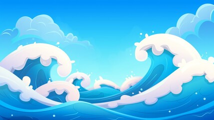Obraz premium Cartoon illustration of blue ocean waves and white clouds on a sunny day.
