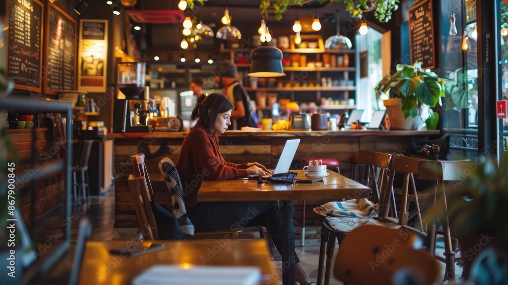 Poster a warm and inviting coffee shop environment with patrons working on laptops and enjoying the atmosph