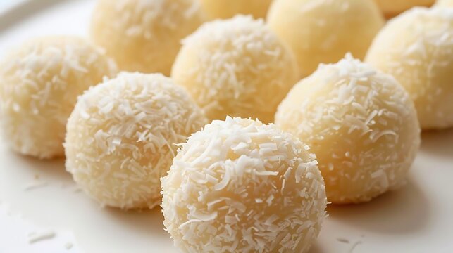Soft delicious coconut laddu made with grated coconut and condensed milk on a white background