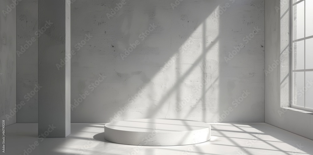 Poster sunlit white room with minimalist design, an empty podium casts shadow patterns for an artistic and 