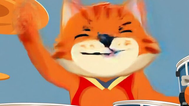 Ginger cat playing drums, depicted in cartoon style. concept: humor, music, pets and animation.