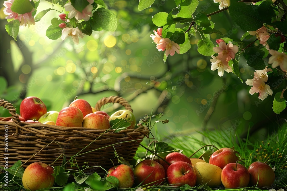 Poster A basket full of red and green apples sits on the grass in front of a blooming apple tree. The tree branches hang down, with delicate pink flowers blooming in the sunlight. Generative AI