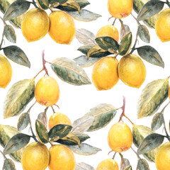 Watercolor Lemon Pattern with Green Leaves on White Background, inspired by Mediterranean nature