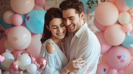 Gender reveal party with blue and pink balloons. Baby shower event. Happy parents expecting concept