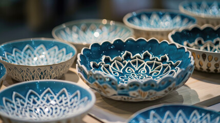 Decorative blue and white ceramic bowls with intricate designs are displayed on a wooden surface, showcasing their detailed patterns and artisanal craftsmanship.