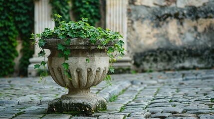 Stone vase planter with green fustian flowers and cascading ivy Grey cobblestones Beautiful design in front of medieval wall with columns Selective focus empty space