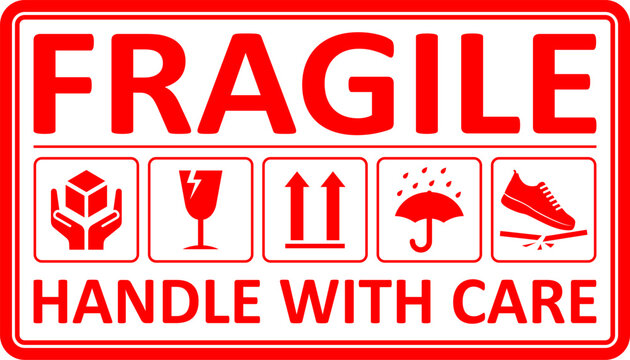 Fragile package icons set, handle with care logistics and delivery shipping labels. Fragile box. Just Print and Use, Vector