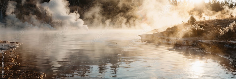 Poster A serene view of a thermal pool in Yellowstone National Park, with steam rising from the water and creating a mystical atmosphere. Generative AI