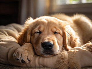 Golden retriever puppy sleeping on a dog bed in the afternoon sun
