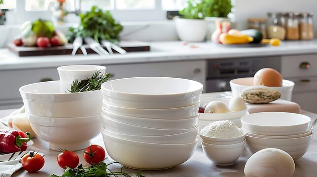 Versatile mixing bowl set various sizes ideal for food preparation placed on a kitchen island with fresh ingredients ready for baking