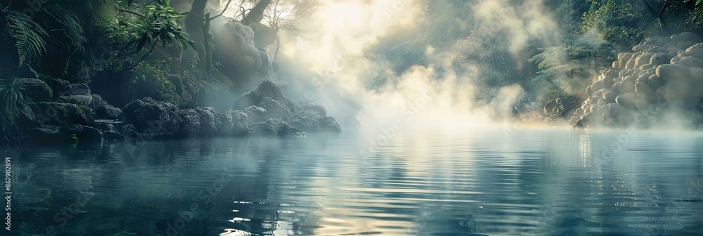 Poster a serene landscape with mist rising from a lake surrounded by lush greenery. generative ai