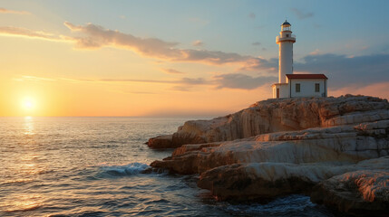 Fototapeta premium Lighthouse on the rocky shore at sunset