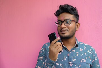 Smiling Man Holding Phone Looking Away Pink Wall Glasses Black Hair Blue Shirt