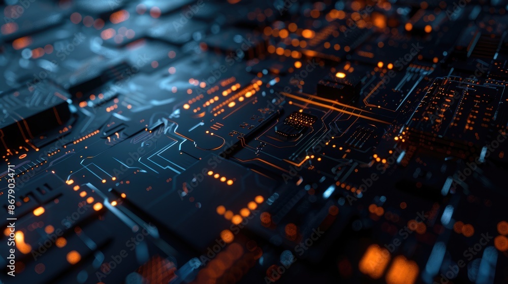 Poster the image is a close-up of a computer circuit board. the board is dark blue in color and has many sm