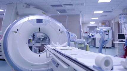 Busy radiology department with diagnostic imaging machines in use showing the detailed process of capturing medical images