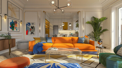 modern living room with orange sofa 