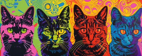 Pop art style cats in vibrant colors, psychedelic pattern. Modern art and pet concept