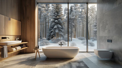 interior of a bathroom with large window view of the snow and trees outside 