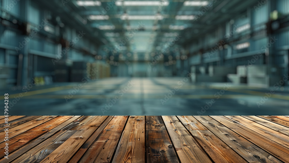 Poster empty wood table top with blur background of warehouse of factory. the table giving copy space for p